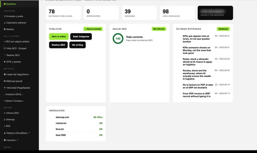 Escritorio del CMS a medida de adask.ai: entradas, salud SEO e indexación